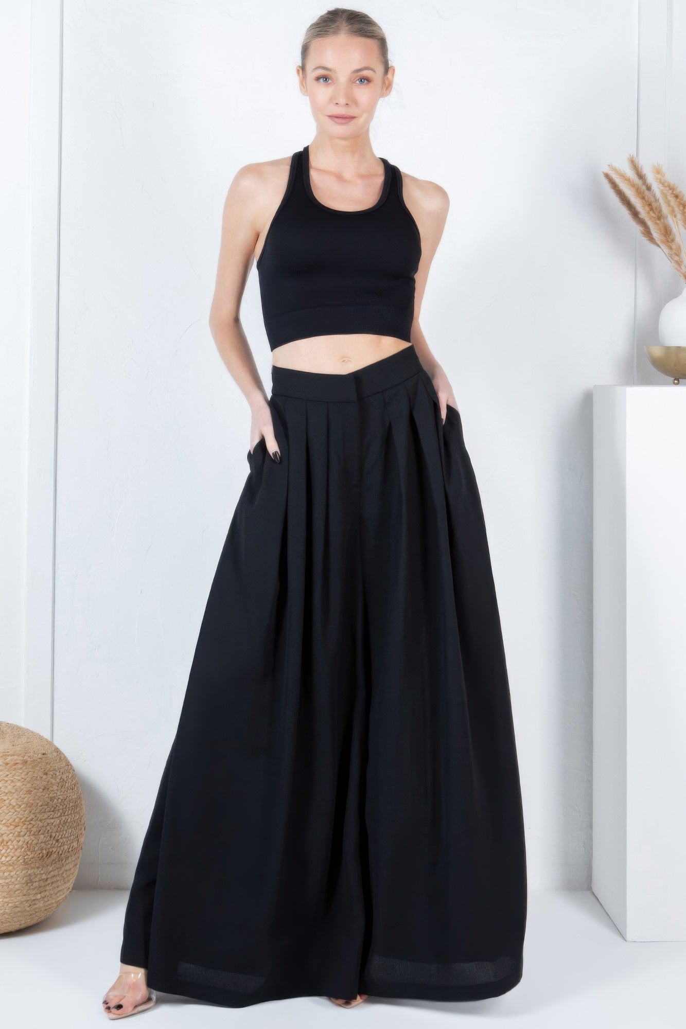 Large Hem Wide Leg Pleated Solid Pants - Tigbul's Variety Fashion Shop
