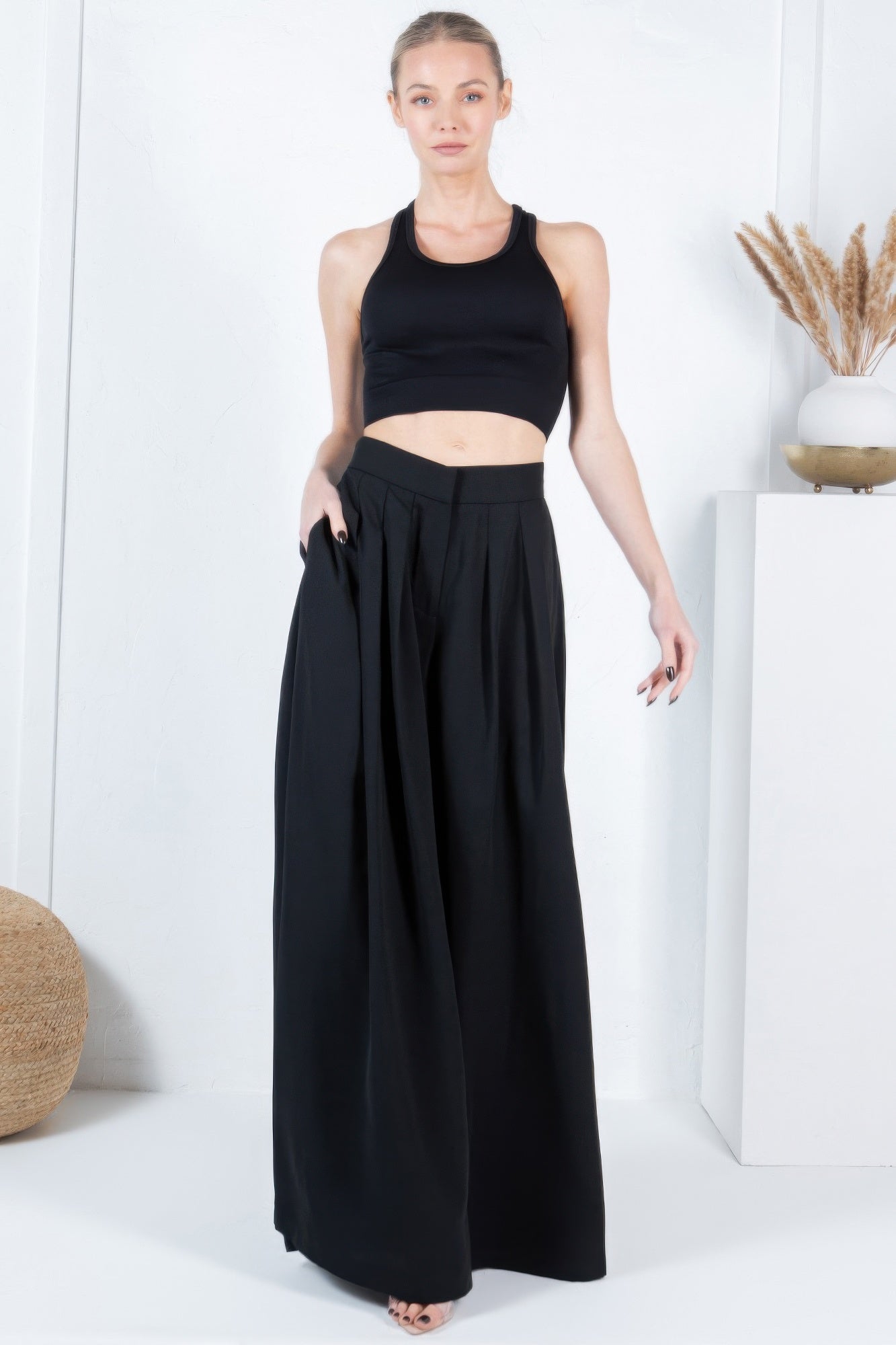 Large Hem Wide Leg Pleated Solid Pants - Tigbul's Variety Fashion Shop