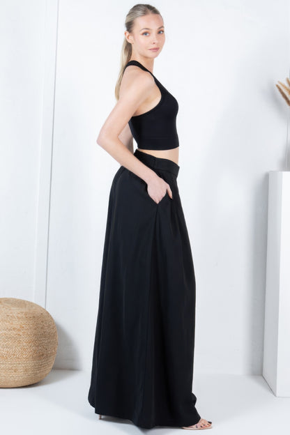 Large Hem Wide Leg Pleated Solid Pants - Tigbul's Variety Fashion Shop