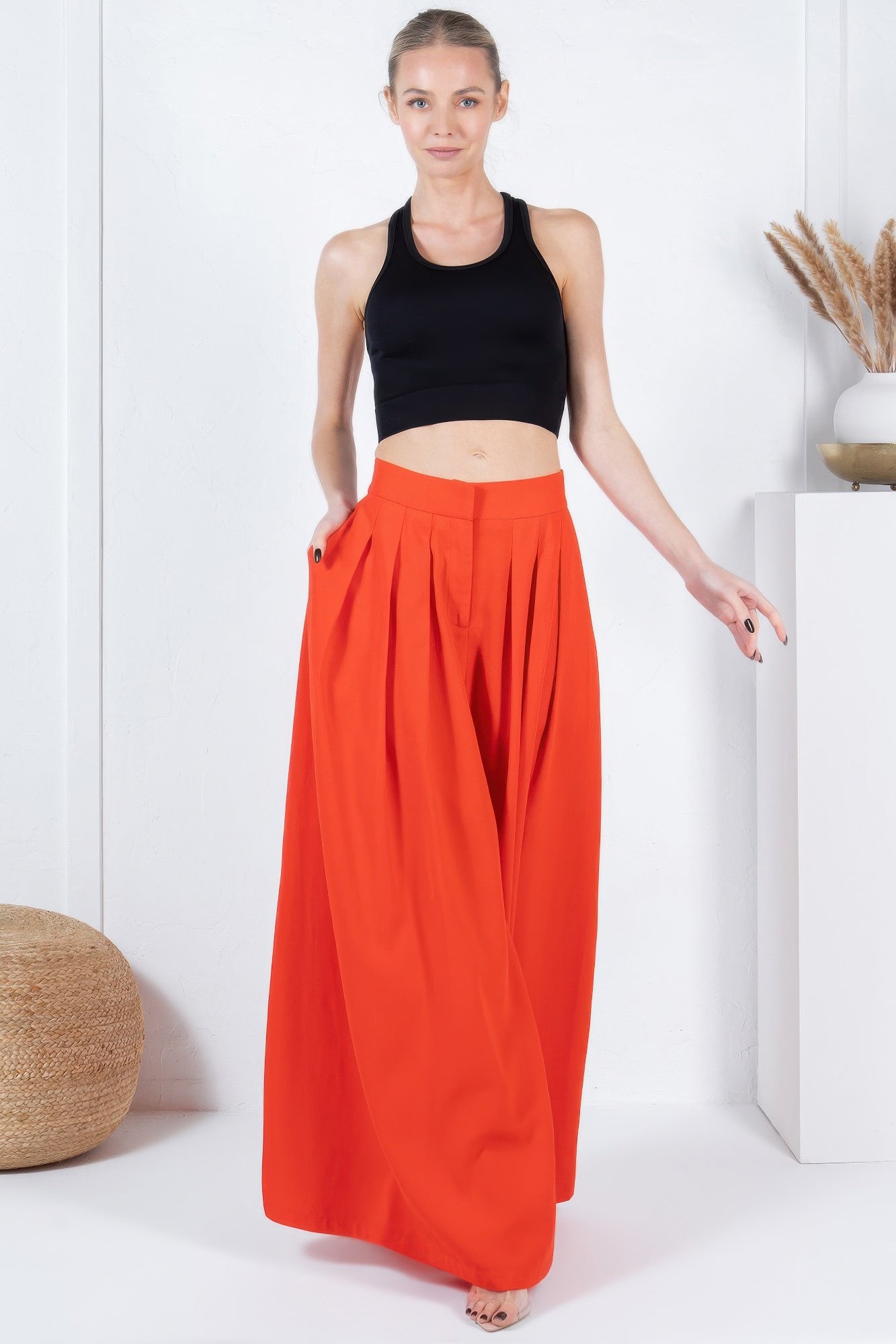 Large Hem Wide Leg Pleated Solid Pants - Tigbul's Variety Fashion Shop