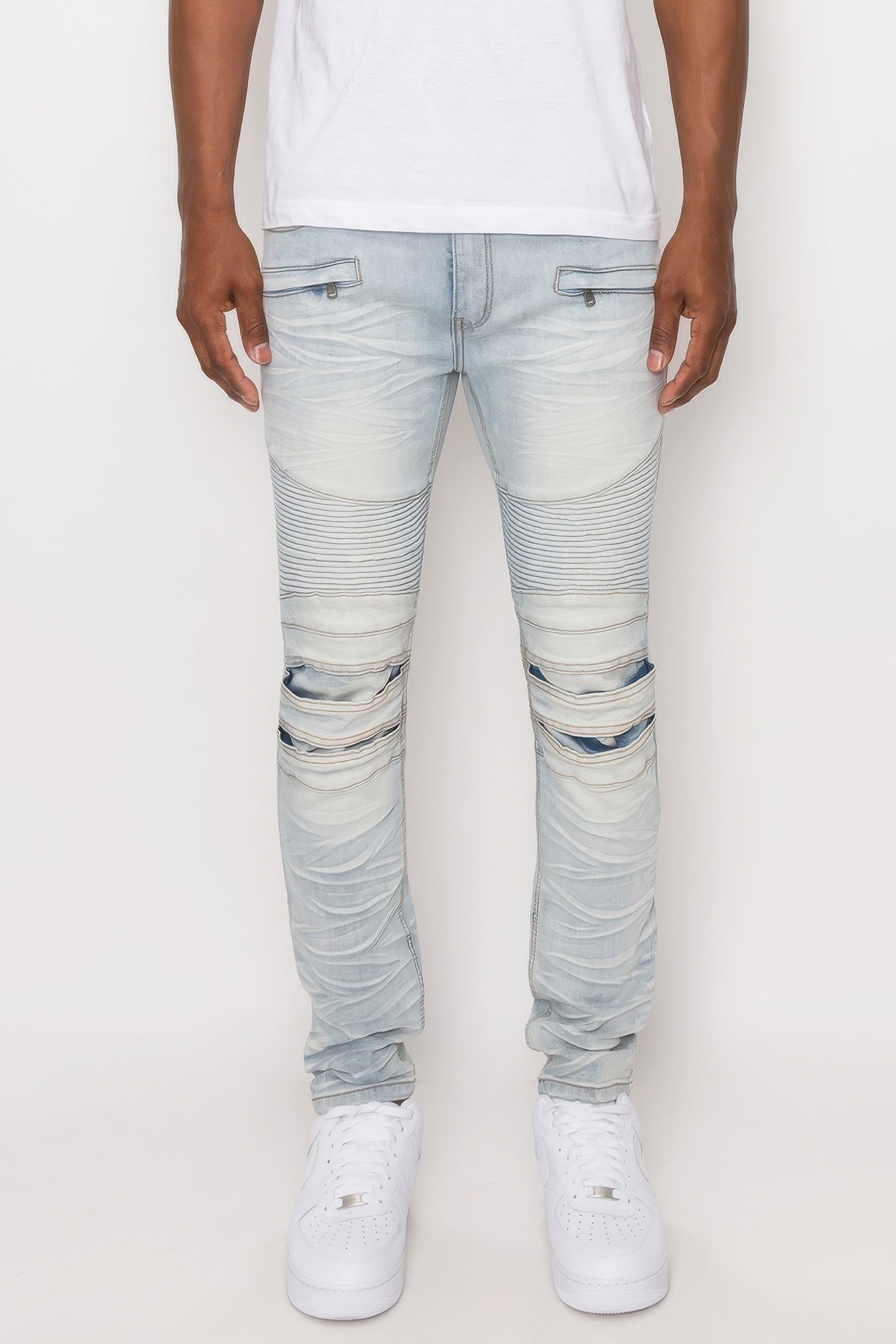 Men's Creased Light Blue Biker Denim Jeans - Tigbul's Variety Fashion Shop
