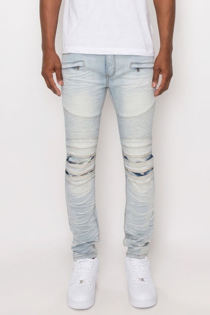 Men's Creased Light Blue Biker Denim Jeans - Tigbul's Variety Fashion Shop