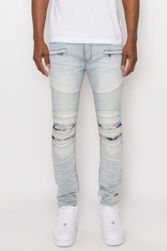 Men's Creased Light Blue Biker Denim Jeans - Tigbul's Variety Fashion Shop