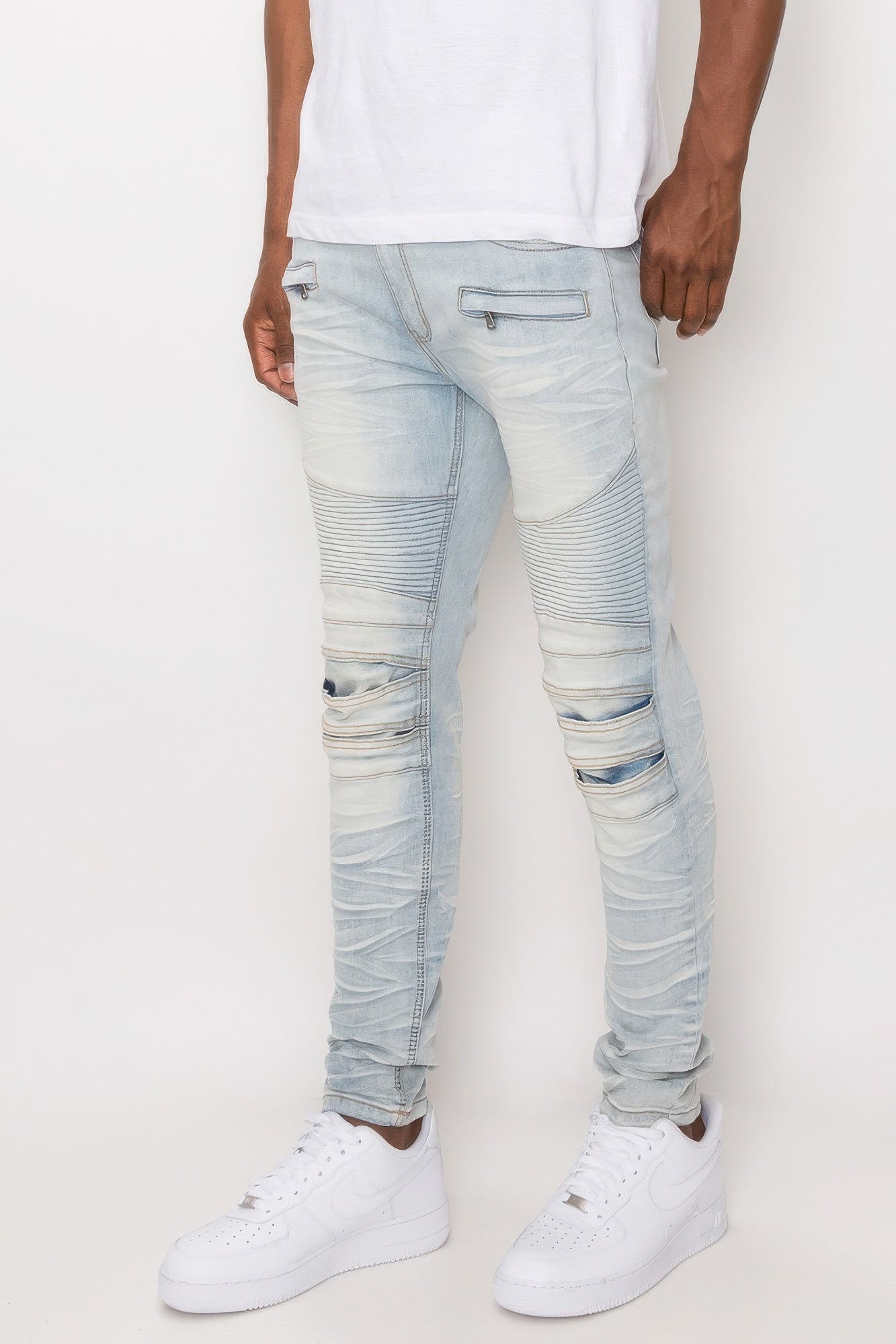 Men's Creased Light Blue Biker Denim Jeans - Tigbul's Variety Fashion Shop
