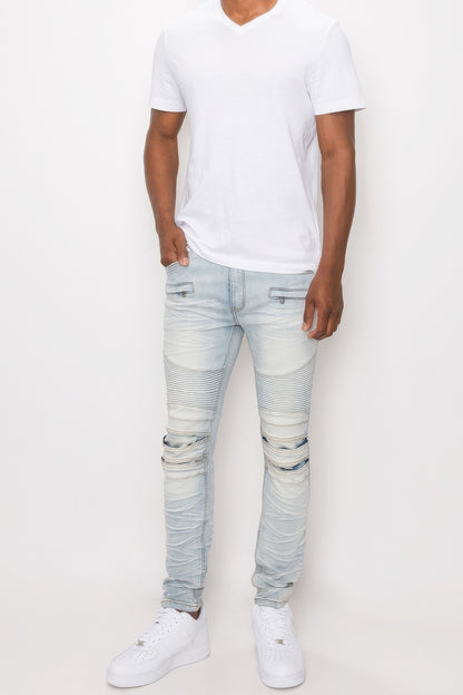Men's Creased Light Blue Biker Denim Jeans - Tigbul's Variety Fashion Shop