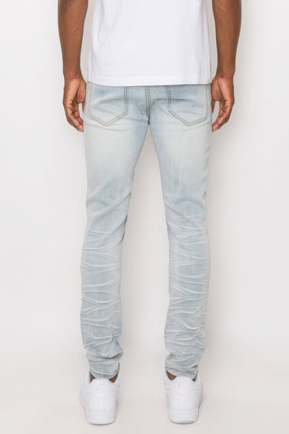 Men's Creased Light Blue Biker Denim Jeans - Tigbul's Variety Fashion Shop