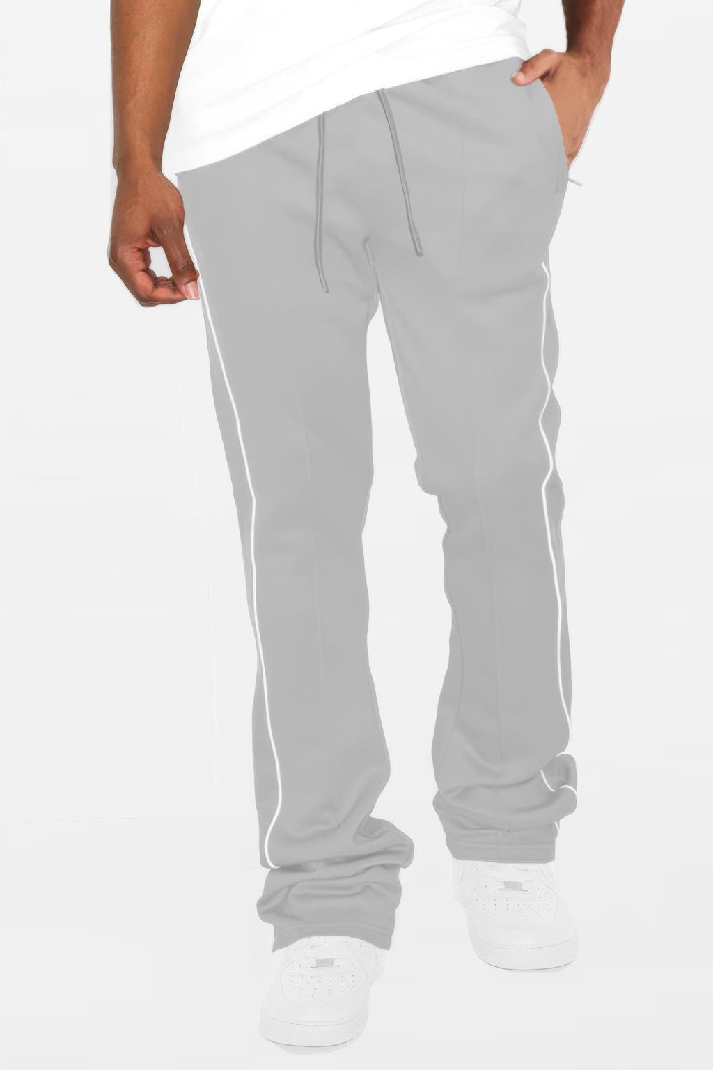 Men's side-pipe stacked flare pants, grey with white side stripes