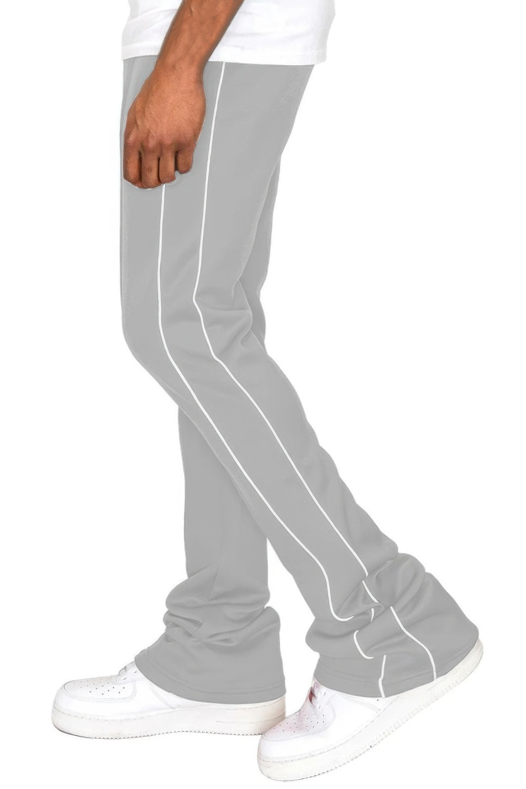 Men's side-pipe stacked flare pants, light grey with white stripe