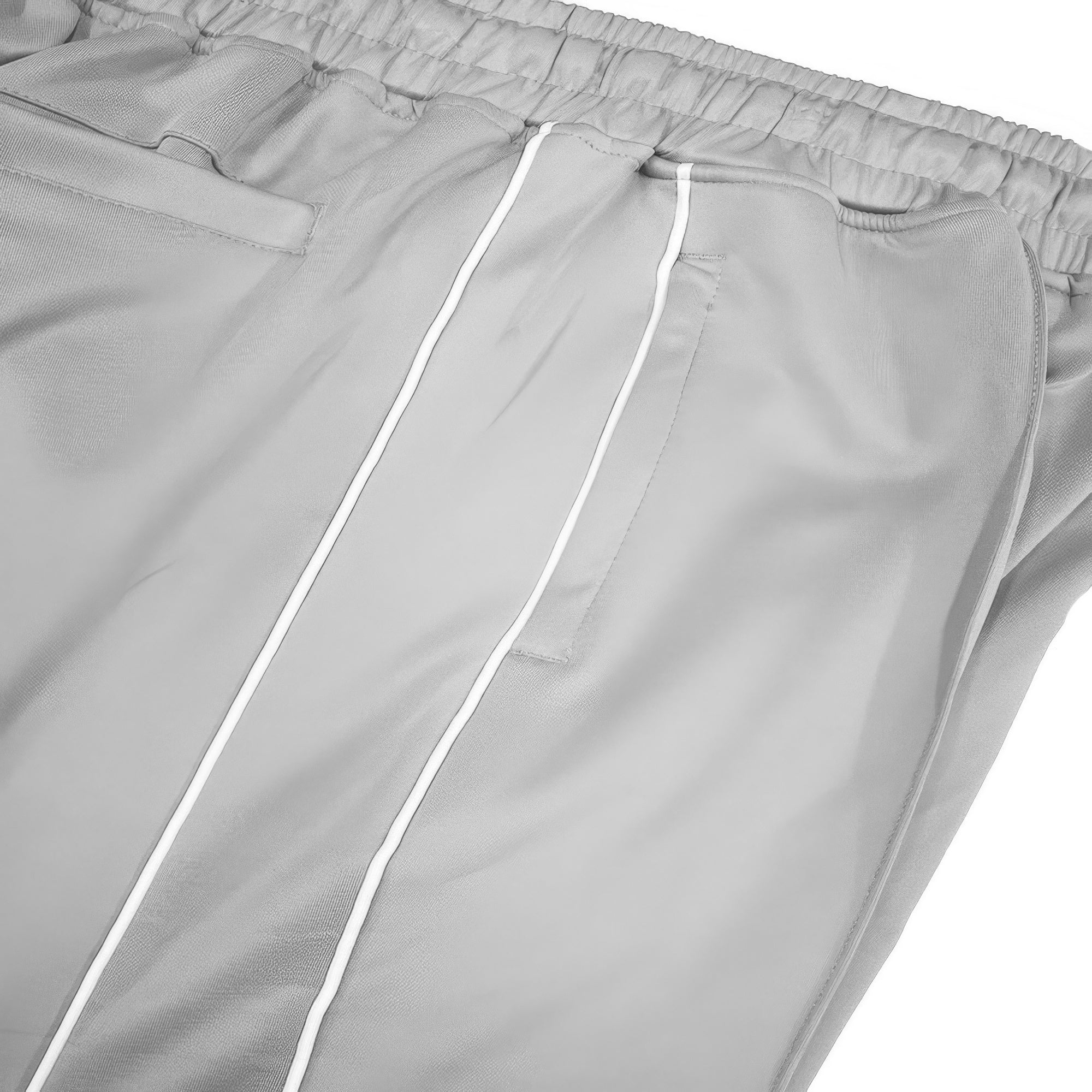 White side stripe and front panel details on light grey stacked flare pants