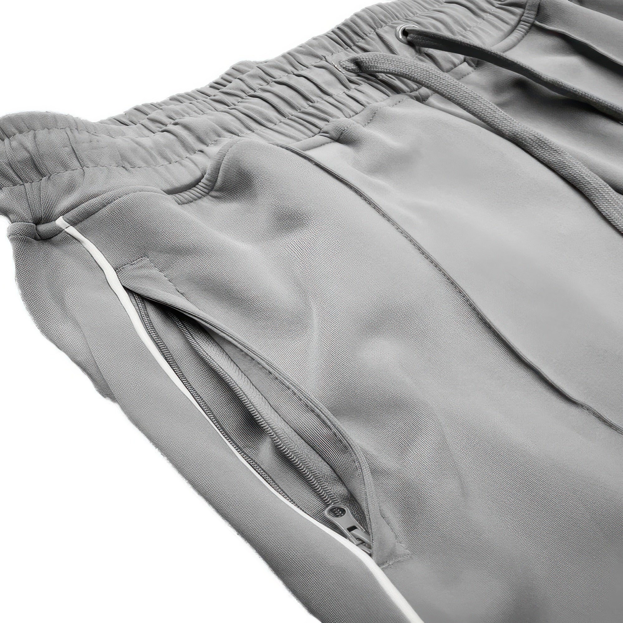Grey stacked flare pants pocket and seam close-up with white side stripe