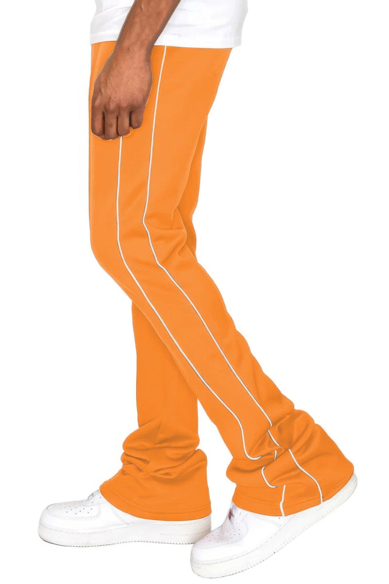 Men's side-pipe stacked flare pants, orange with white side stripes
