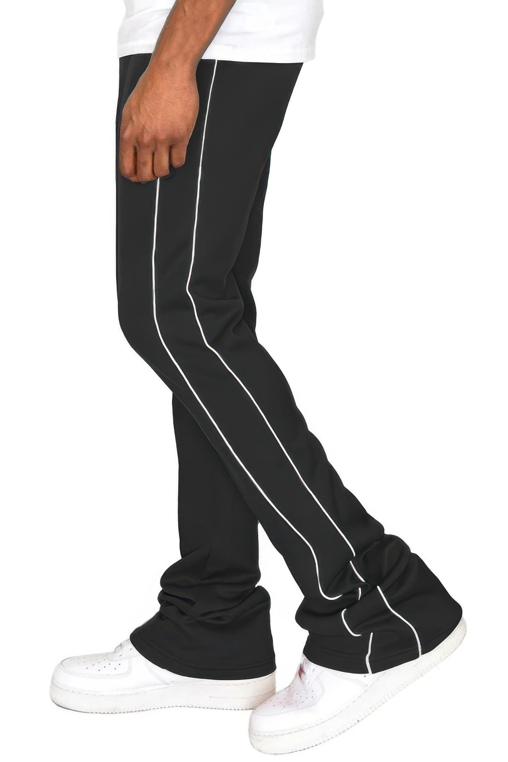 Men's side-pipe stacked flare pants, black with white side piping stripes