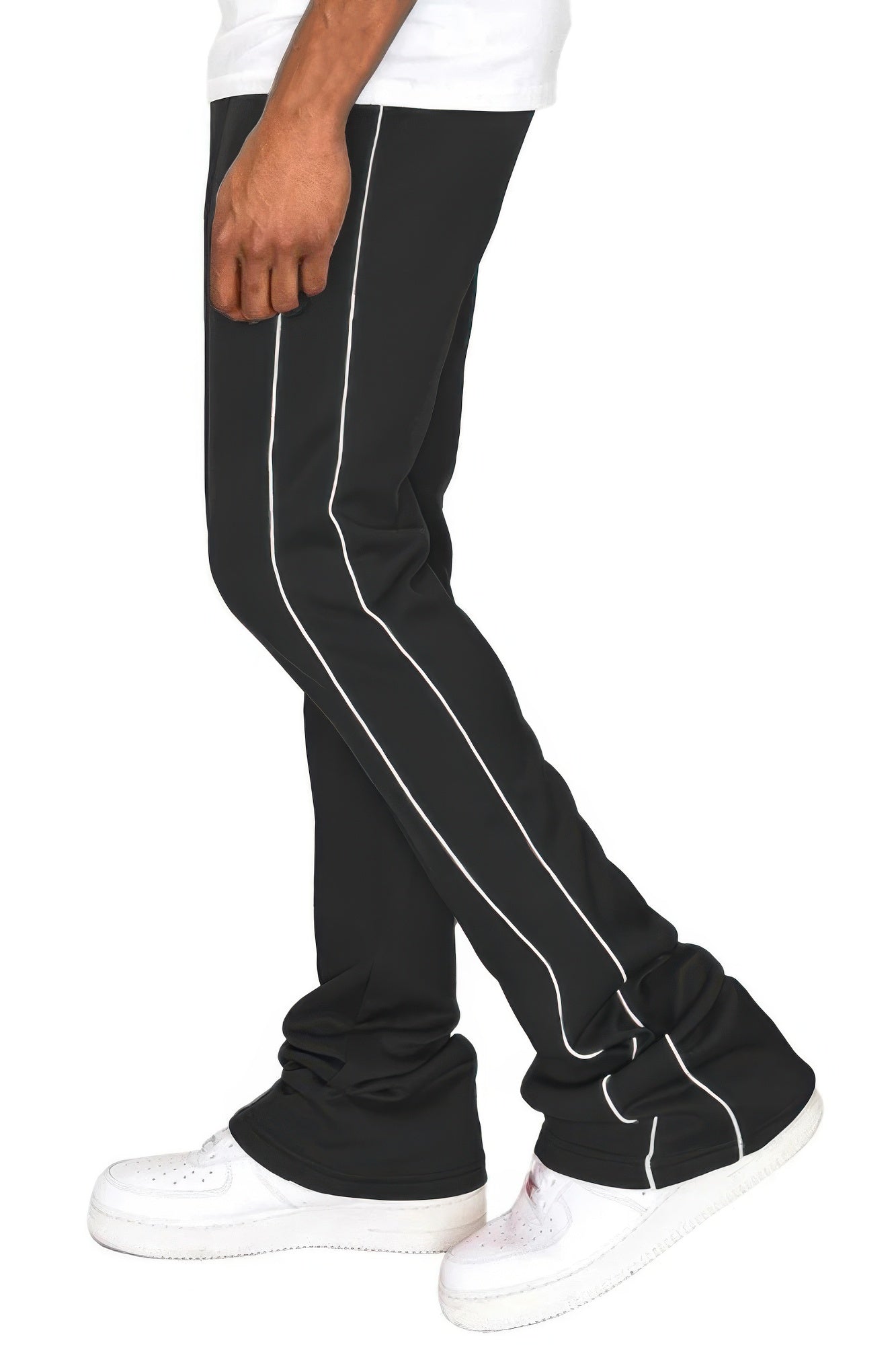 Men's side-pipe stacked flare pants, black with white side piping stripes