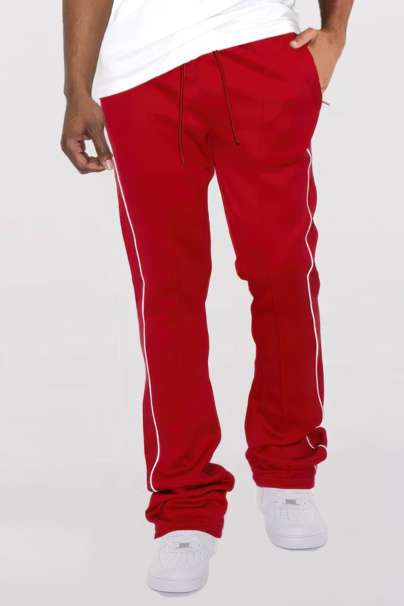 Men's side-pipe stacked flare pants, red with white side stripes