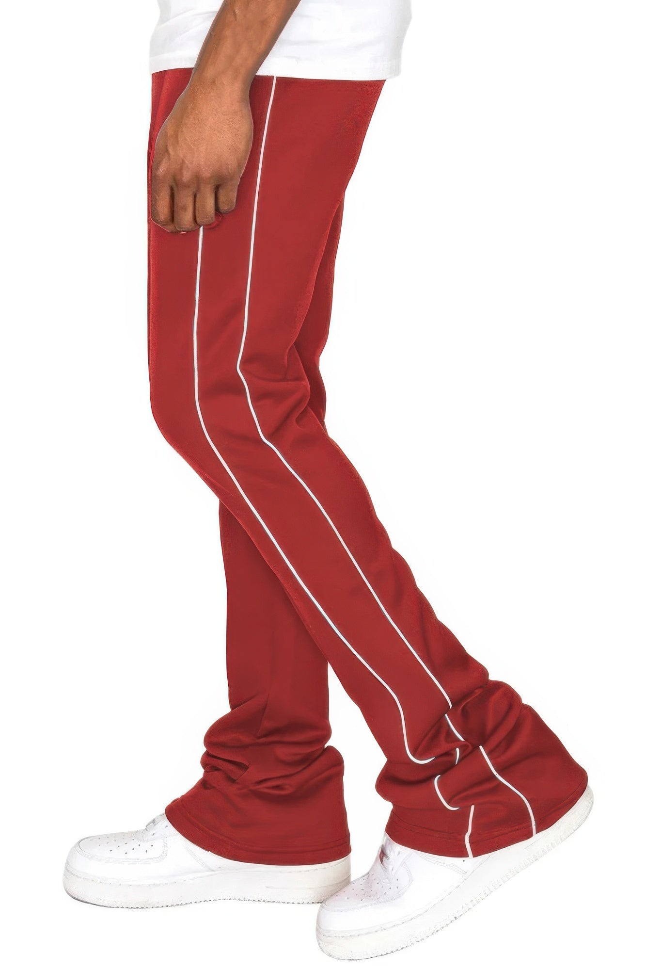 Red stacked flare pants with white side piping and drawstring waistband