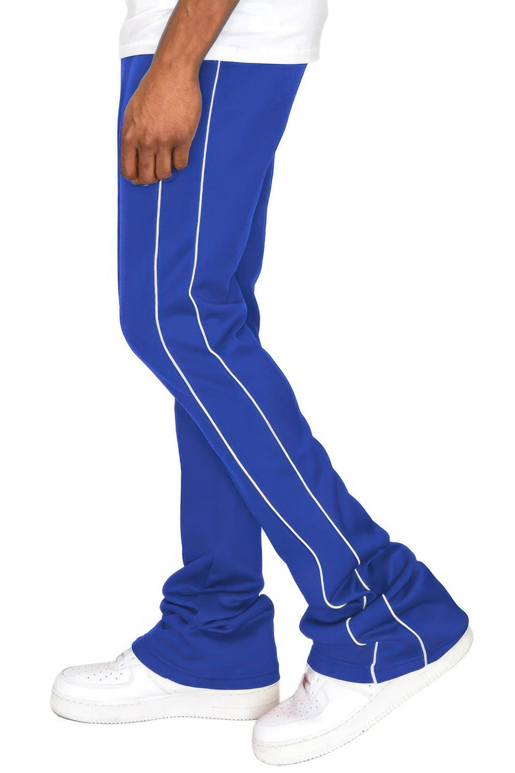 Men's side-pipe stacked flare pants, royal blue with white side stripes