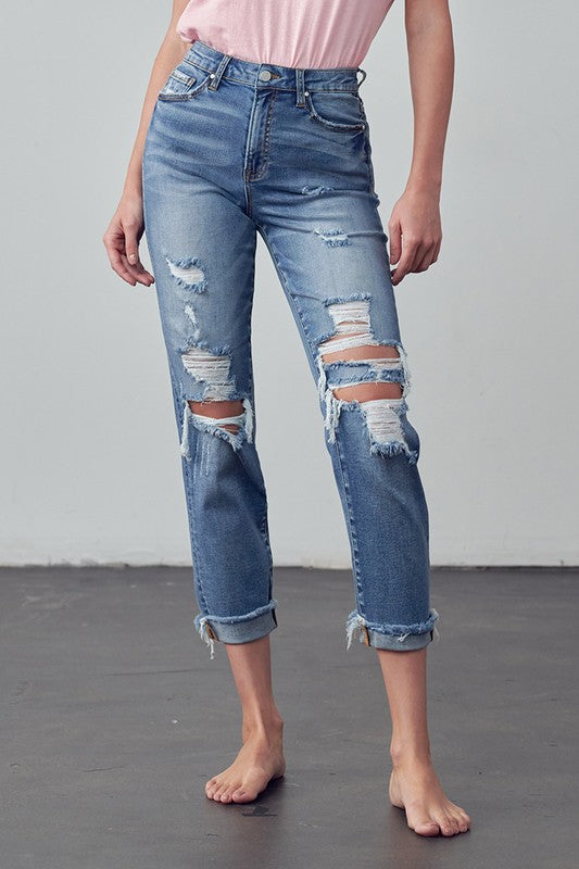 Mid Rise Stretch Raw Hem Ripped Boyfriend Jeans - Tigbul's Variety Fashion Shop