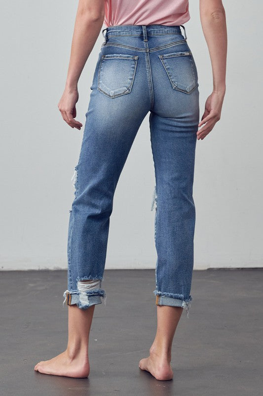 Mid Rise Stretch Raw Hem Ripped Boyfriend Jeans - Tigbul's Variety Fashion Shop