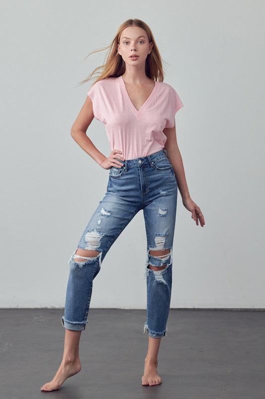 Mid Rise Stretch Raw Hem Ripped Boyfriend Jeans - Tigbul's Variety Fashion Shop
