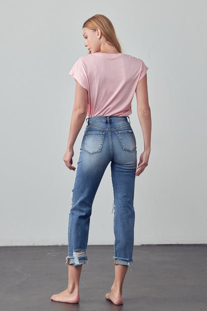 Mid Rise Stretch Raw Hem Ripped Boyfriend Jeans - Tigbul's Variety Fashion Shop
