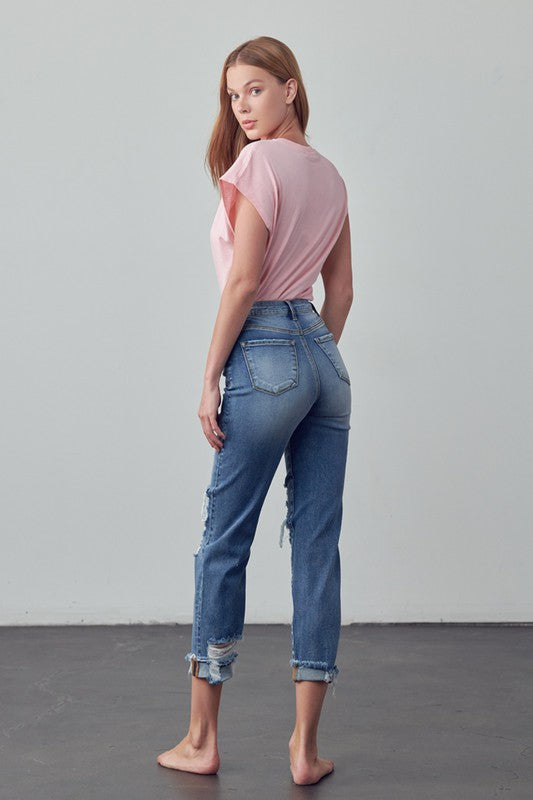 Mid Rise Stretch Raw Hem Ripped Boyfriend Jeans - Tigbul's Variety Fashion Shop