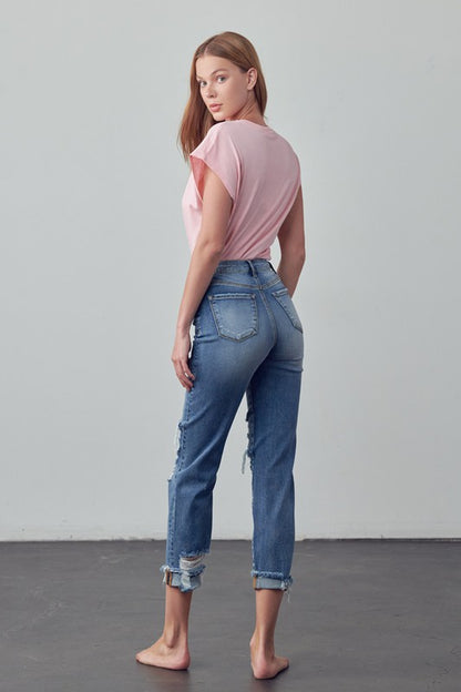 Mid Rise Stretch Raw Hem Ripped Boyfriend Jeans - Tigbul's Variety Fashion Shop