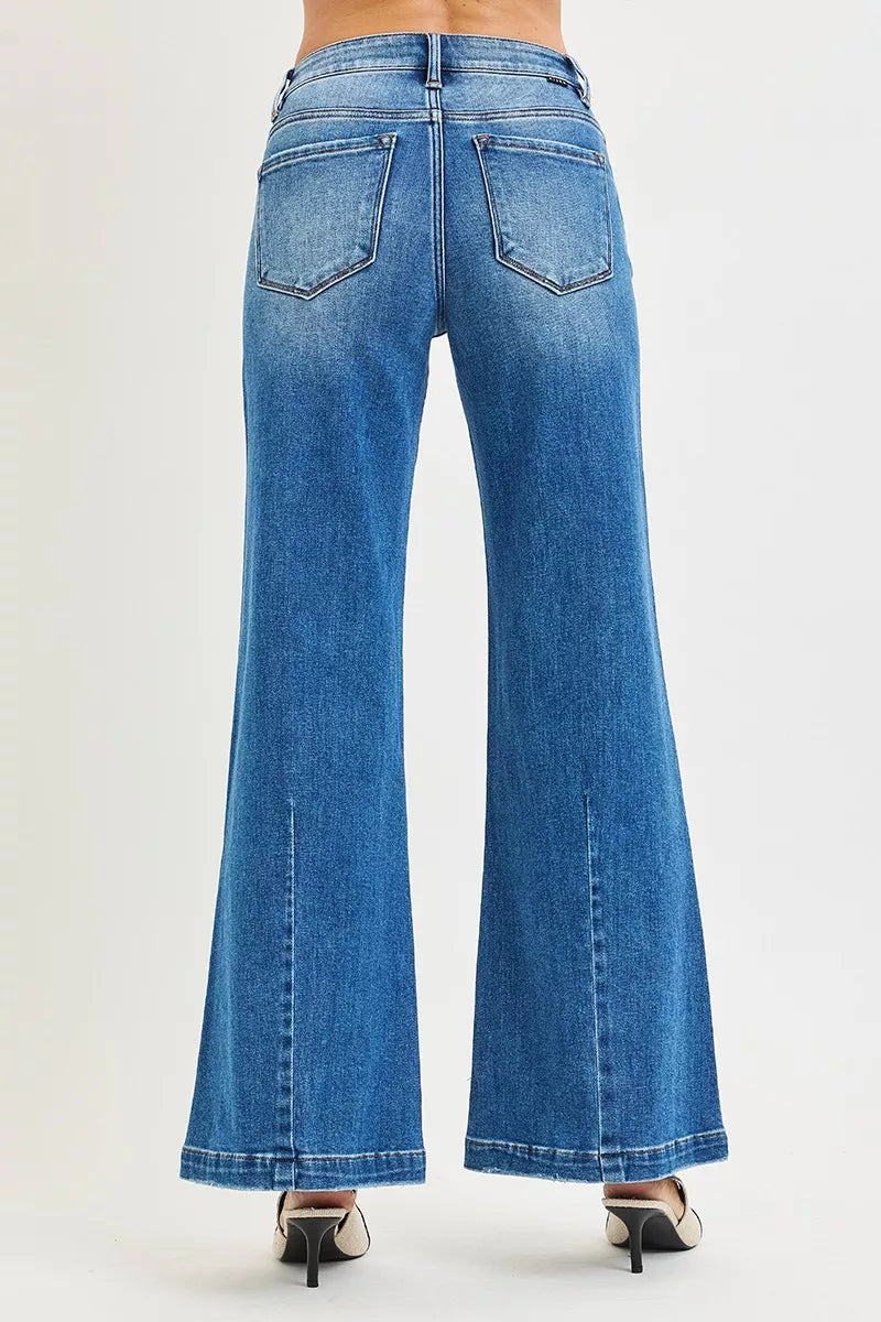 Blue mid-rise wide flared jeans, back view with two back pockets