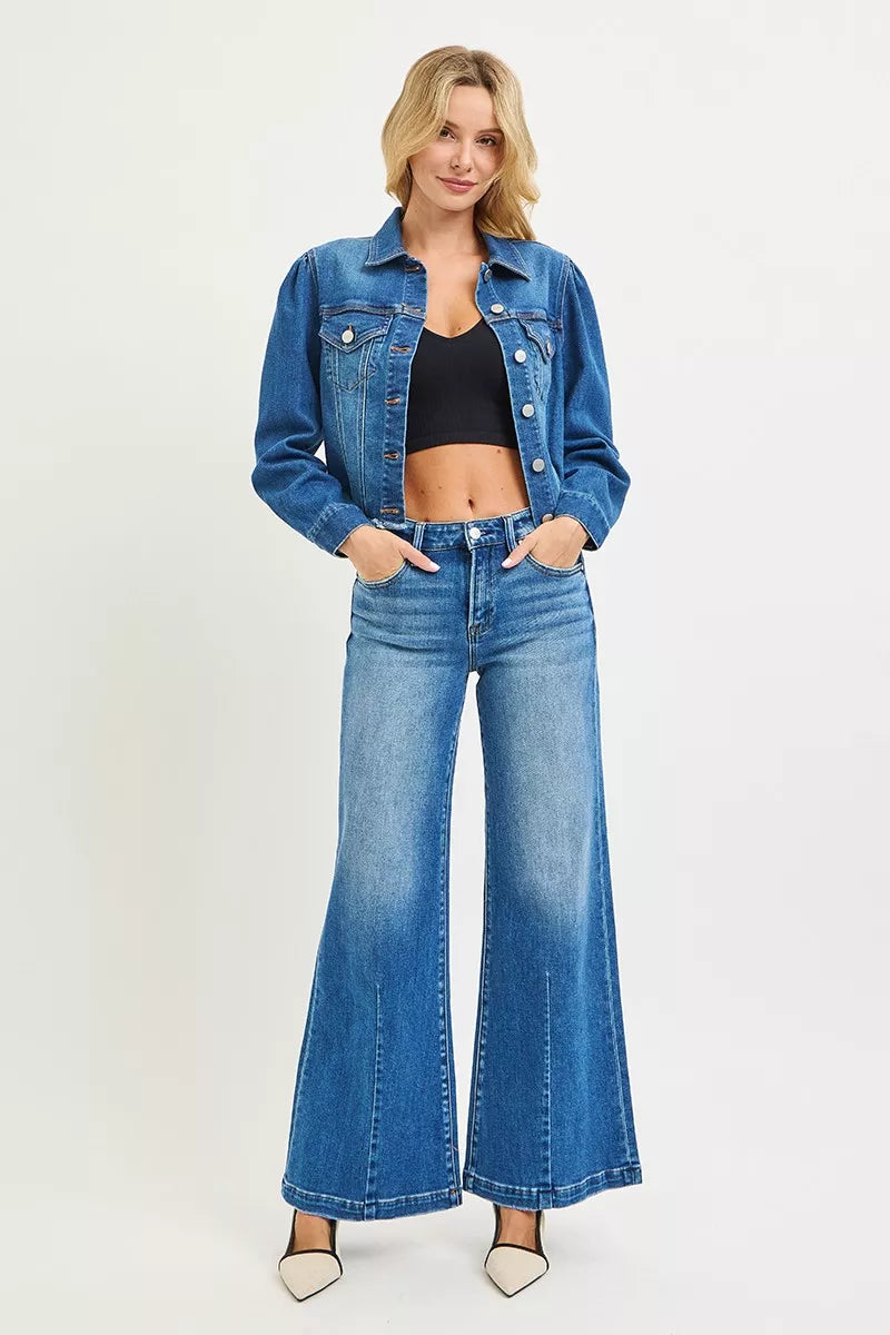 Women's blue mid-rise wide flared jeans with button fly and front pockets