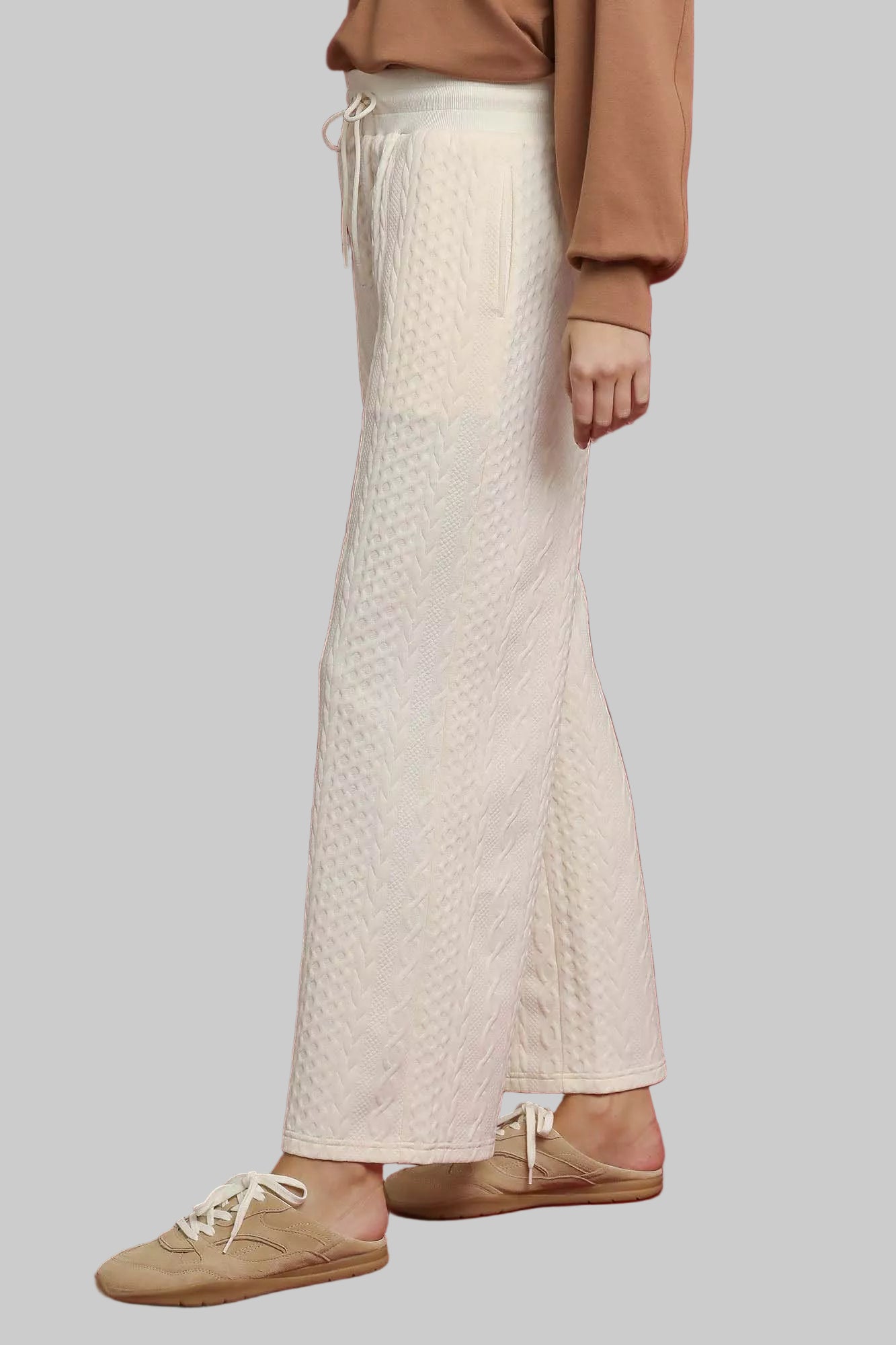 ECRU cable knit wide-leg pants, full length relaxed flare leg