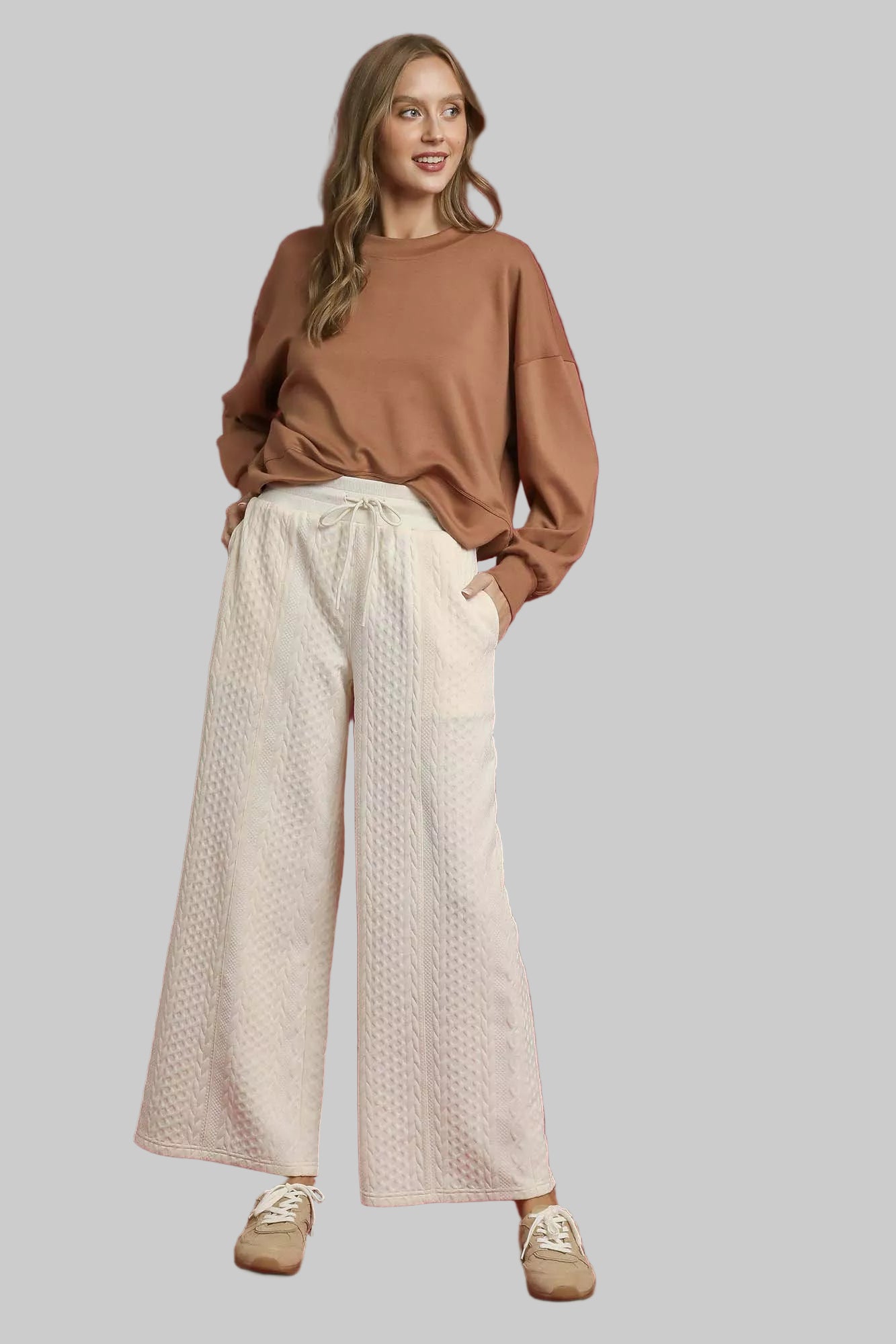 Off-white cable knit wide-leg pants with drawstring waist, ECRU