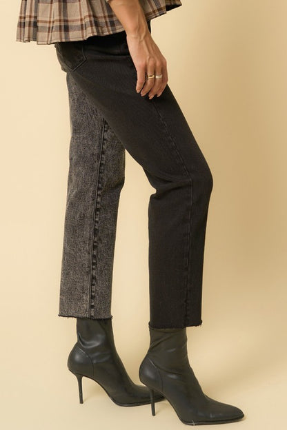 Raw Hem Black Contrast Wash Mom Jeans - Tigbul's Variety Fashion Shop