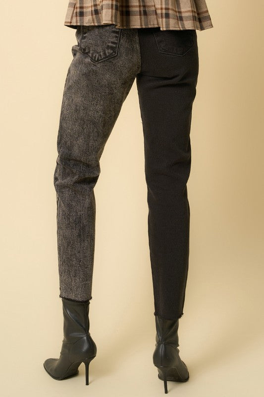 Raw Hem Black Contrast Wash Mom Jeans - Tigbul's Variety Fashion Shop