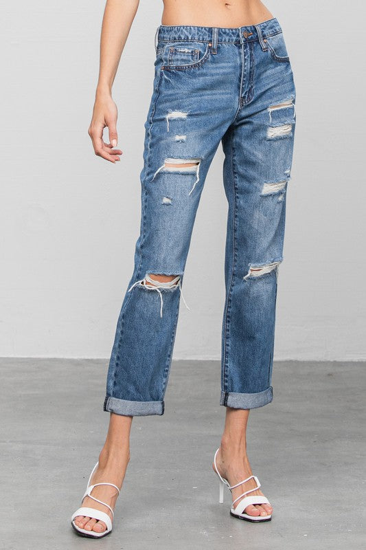 Ripped Dark Wash Cropped Boyfriend Jeans - Tigbul's Variety Fashion Shop