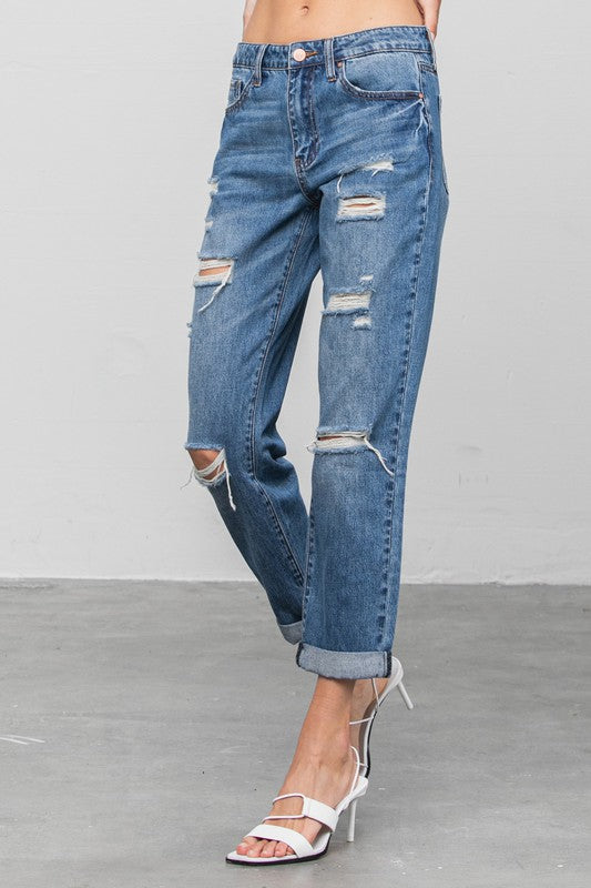 Ripped Dark Wash Cropped Boyfriend Jeans - Tigbul's Variety Fashion Shop
