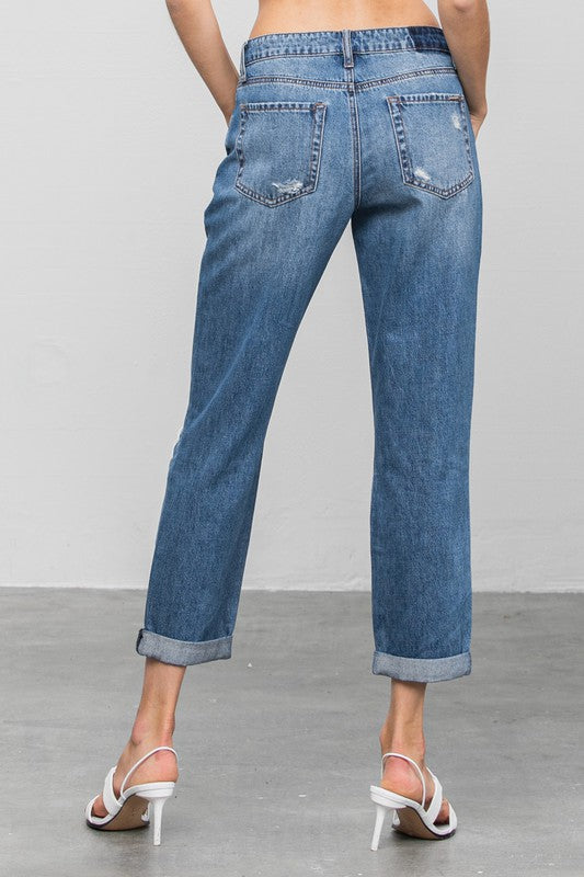 Ripped Dark Wash Cropped Boyfriend Jeans - Tigbul's Variety Fashion Shop