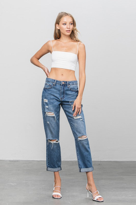 Ripped Dark Wash Cropped Boyfriend Jeans - Tigbul's Variety Fashion Shop