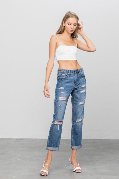 Ripped Dark Wash Cropped Boyfriend Jeans - Tigbul's Variety Fashion Shop