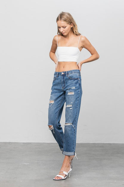 Ripped Dark Wash Cropped Boyfriend Jeans - Tigbul's Variety Fashion Shop