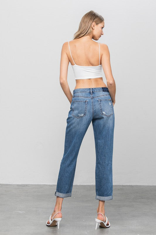 Ripped Dark Wash Cropped Boyfriend Jeans - Tigbul's Variety Fashion Shop