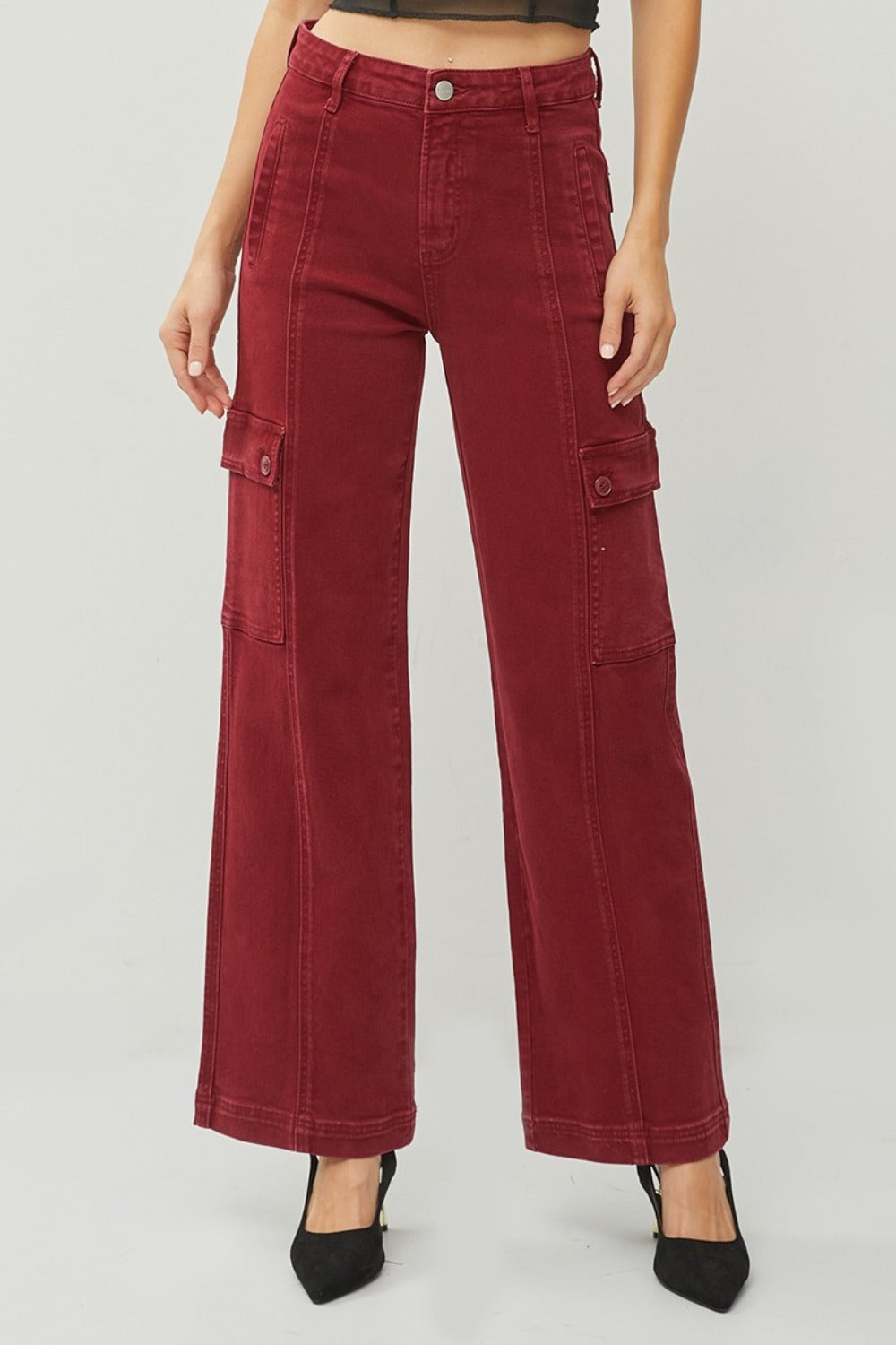 RISEN Full Size High Rise Burgundy Wide Leg Cargo Jeans - Tigbul's Variety Fashion Shop