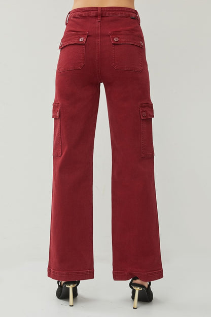 RISEN Full Size High Rise Burgundy Wide Leg Cargo Jeans - Tigbul's Variety Fashion Shop