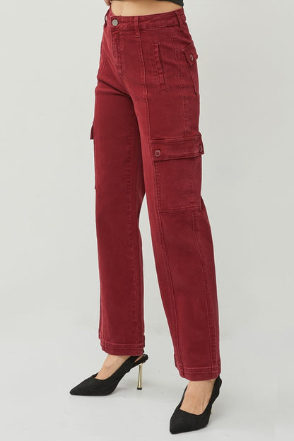 RISEN Full Size High Rise Burgundy Wide Leg Cargo Jeans - Tigbul's Variety Fashion Shop