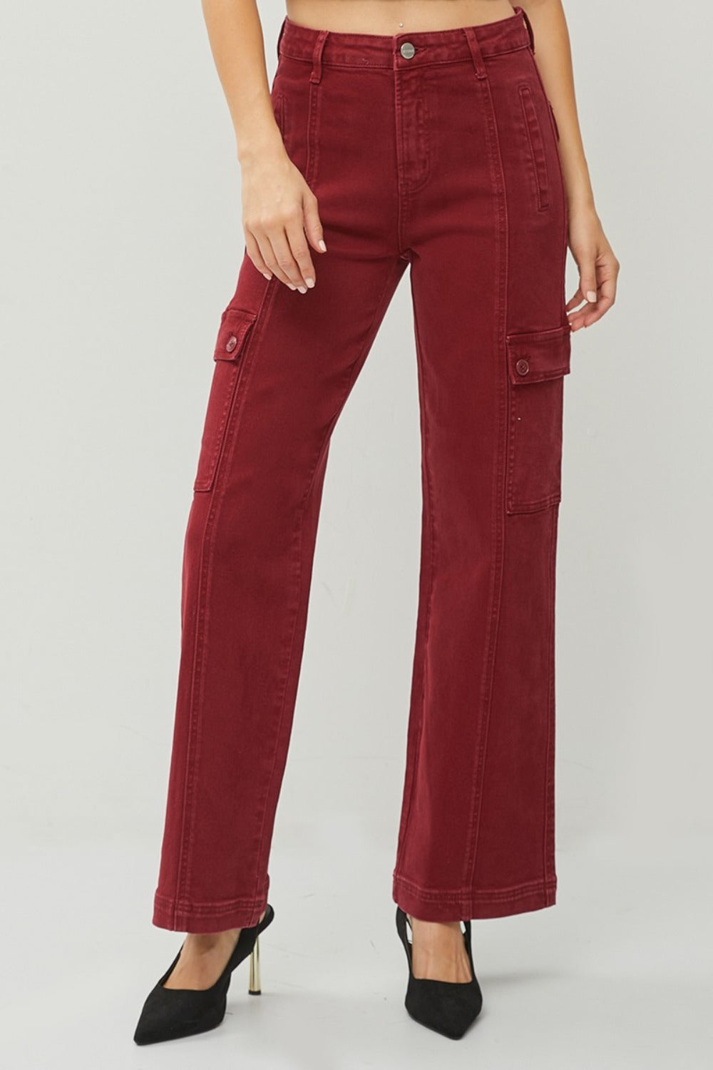 RISEN Full Size High Rise Burgundy Wide Leg Cargo Jeans - Tigbul's Variety Fashion Shop