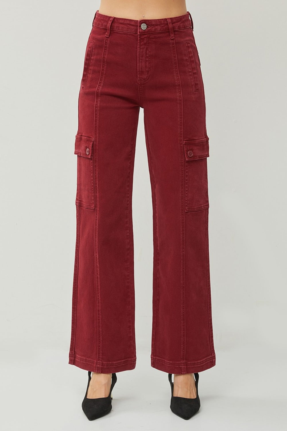RISEN Full Size High Rise Burgundy Wide Leg Cargo Jeans - Tigbul's Variety Fashion Shop