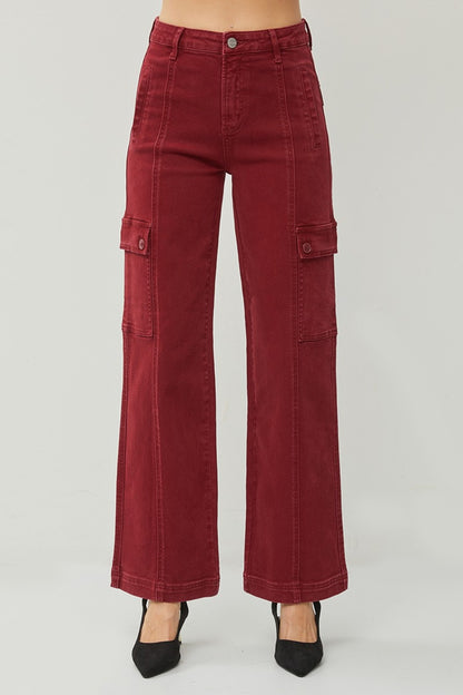 RISEN Full Size High Rise Burgundy Wide Leg Cargo Jeans - Tigbul's Variety Fashion Shop