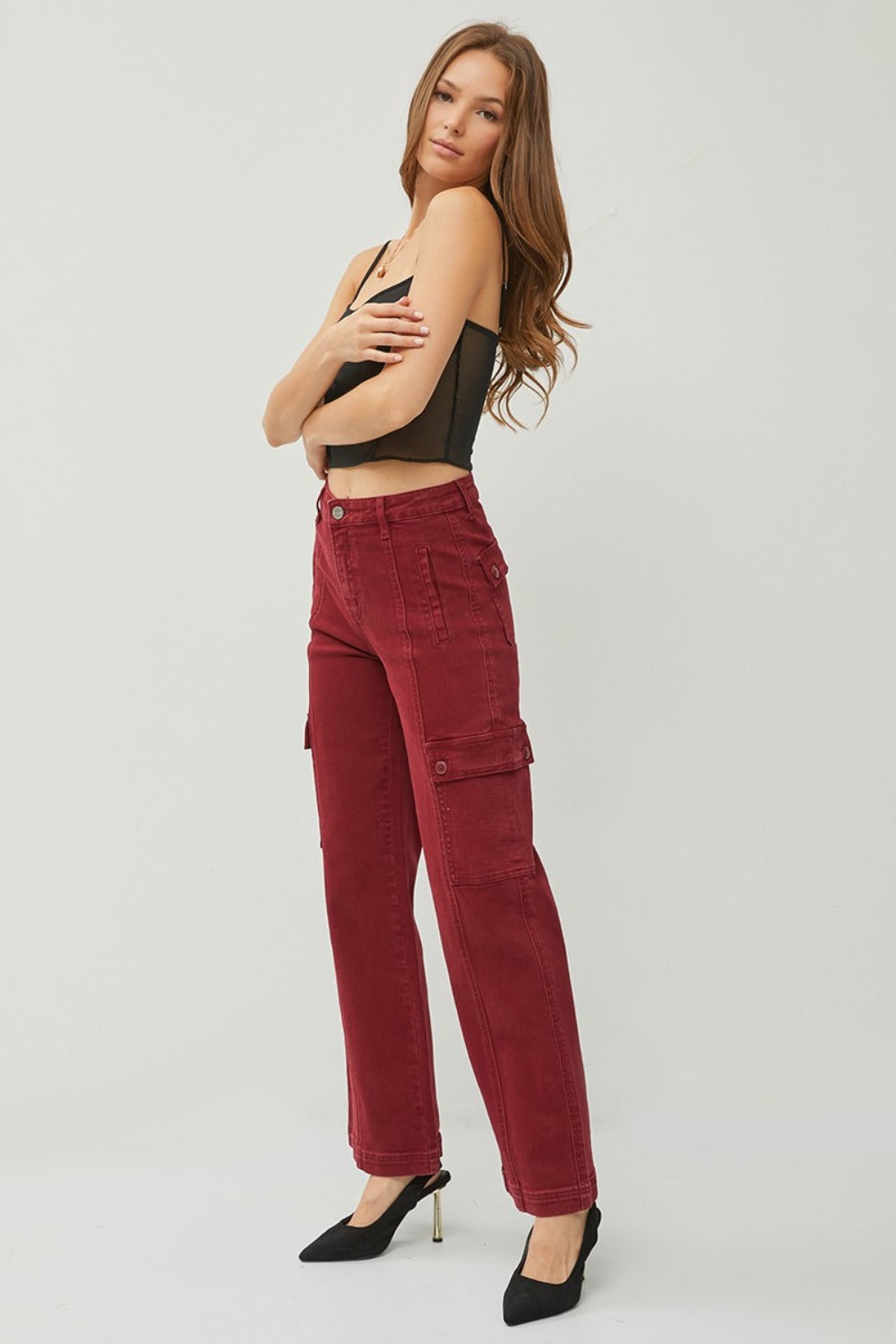 RISEN Full Size High Rise Burgundy Wide Leg Cargo Jeans - Tigbul's Variety Fashion Shop