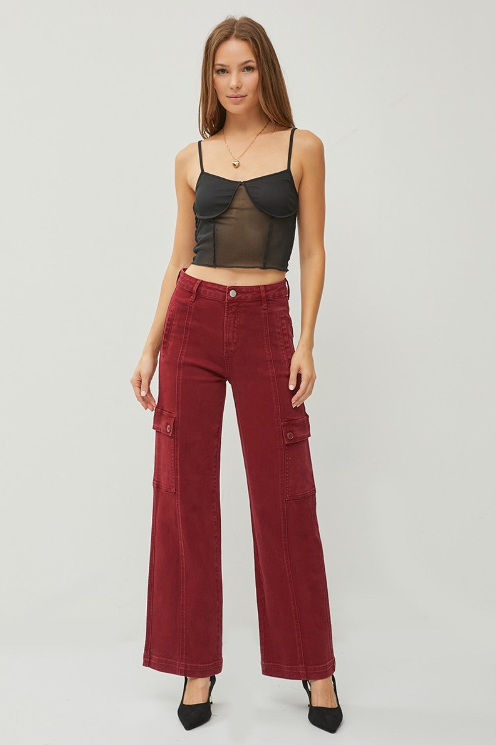 RISEN Full Size High Rise Burgundy Wide Leg Cargo Jeans - Tigbul's Variety Fashion Shop