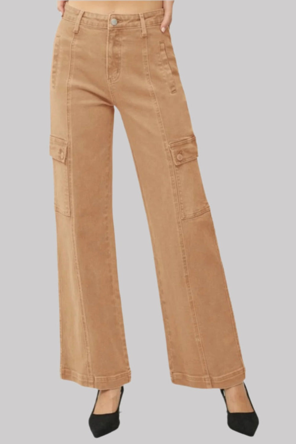 RISEN Full Size Tan High Rise Wide Leg Cargo Jeans - Tigbul's Variety Fashion Shop