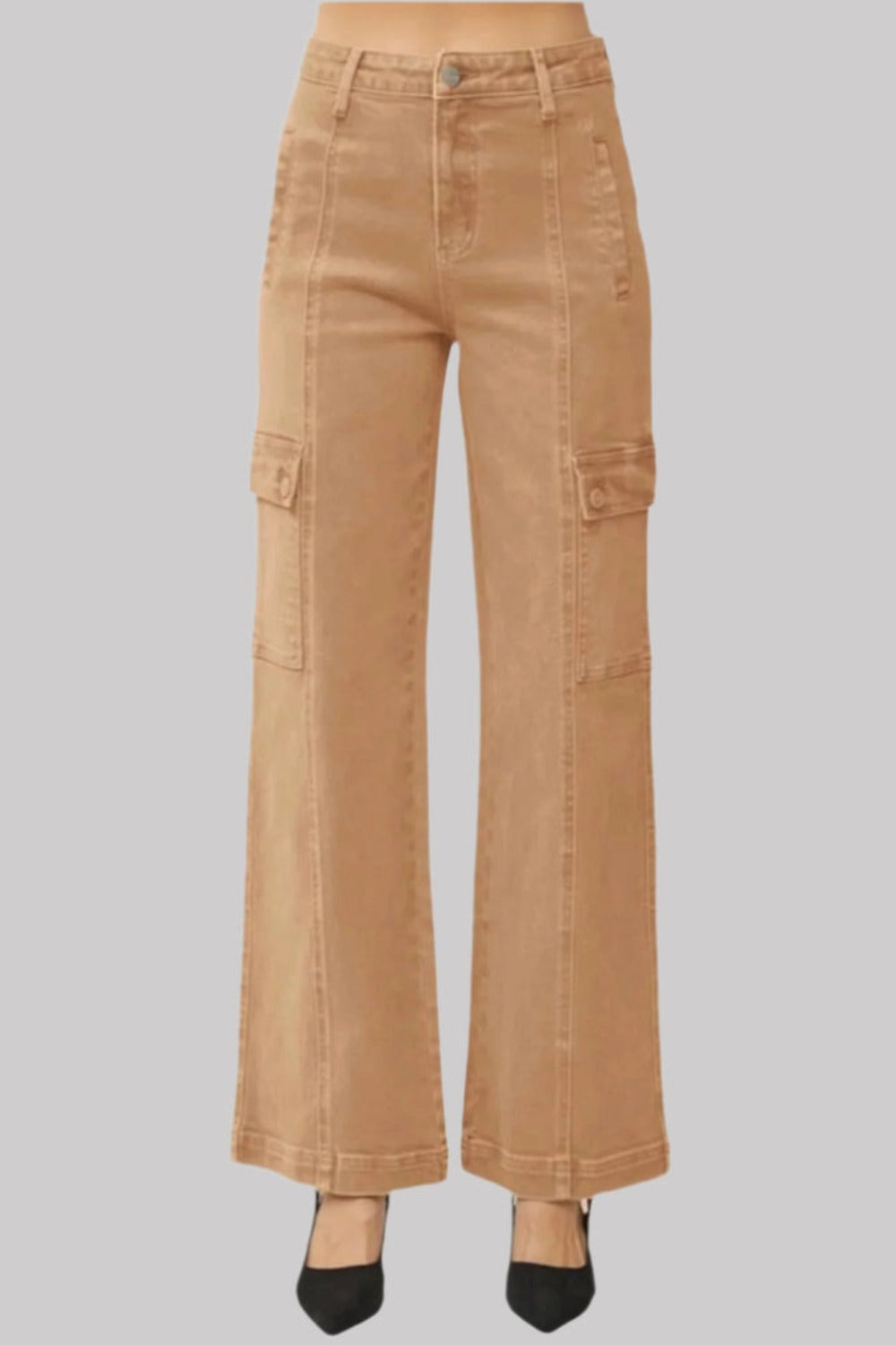 RISEN Full Size Tan High Rise Wide Leg Cargo Jeans - Tigbul's Variety Fashion Shop