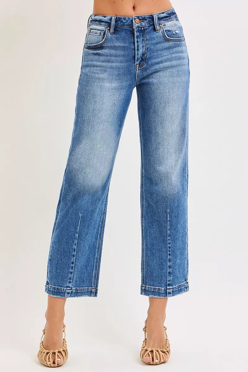 Trendsi high-rise crop boyfriend taper jeans, dark blue wash, front view